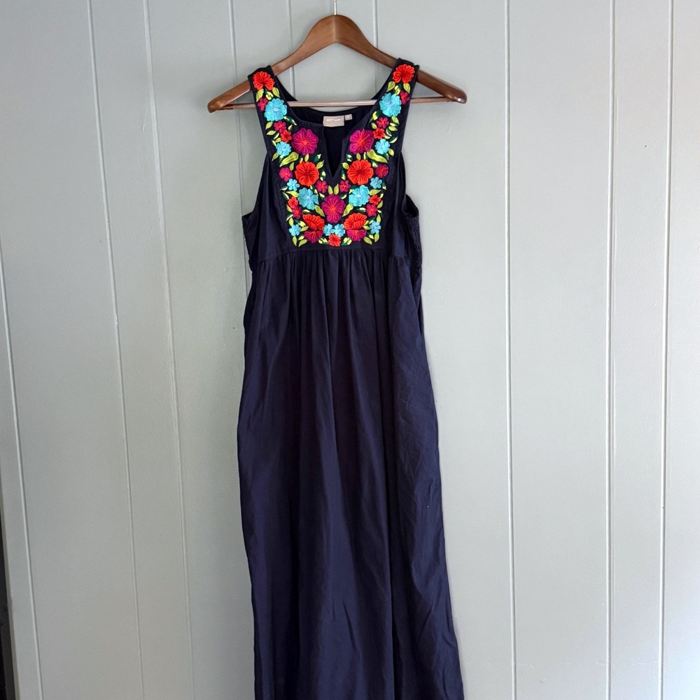 eShakti Navy Smocked Floral Embroidered Cotton Maxi Dress Pockets Boho Ethnic 12